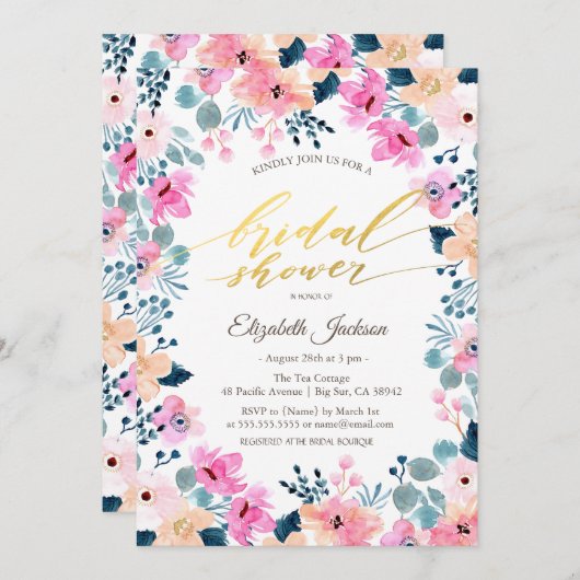 シックなガーデンピンクフラワーズブライダルシャワー 招待状 (正面/裏面)