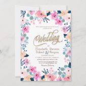 シックなガーデンピンク結婚の花 招待状 (正面)