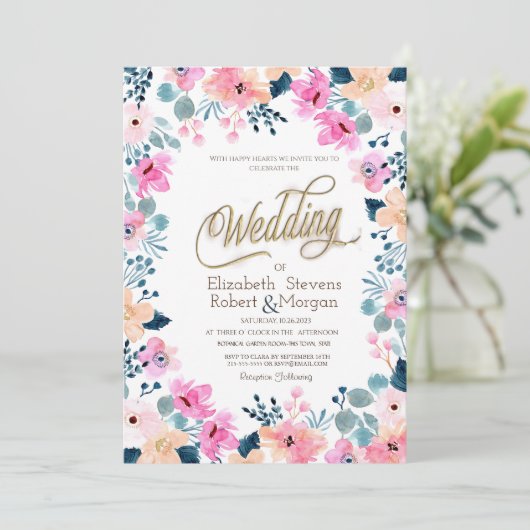 シックなガーデンピンク結婚の花 招待状 (スタンド正面)