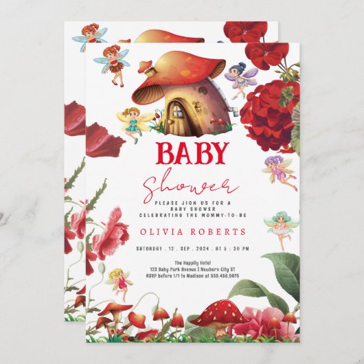 シックなガーデンフローラ妖精プリンセスガールベビーシャワー 招待状 (正面/裏面)