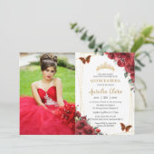 シックなキンセアニラレッドフローラ金ゴールド蝶の写真 招待状 (スタンド正面)