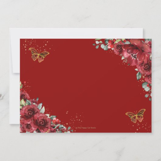 シックなキンセアニラレッドフローラ金ゴールド蝶の写真 招待状 (裏面)