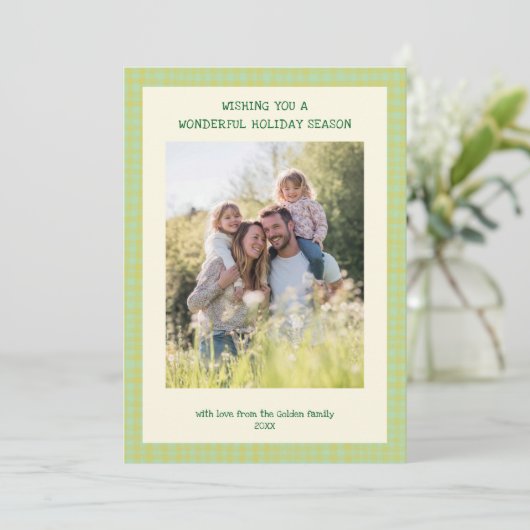 シックなギンガムクリスマスイエローグリーンカスタム5写真 シーズンカード (スタンド正面)