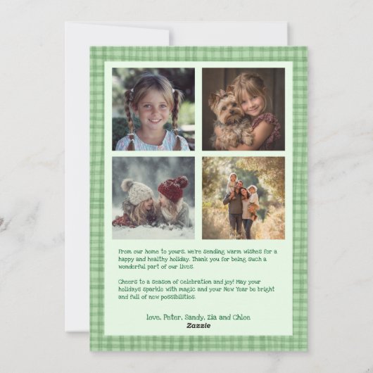 シックなギンガムクリスマスグリーンカスタム5写真 シーズンカード (裏面)