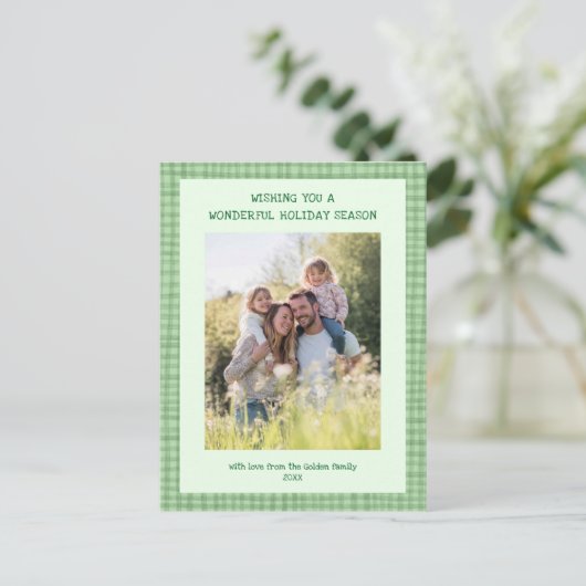 シックなギンガムグリーンカスタムクリスマス3 Photo シーズンポストカード (スタンド正面)