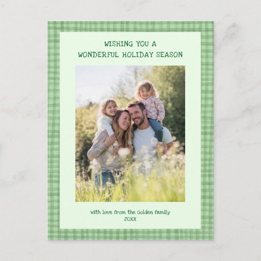シックなギンガムグリーンカスタムクリスマス3 Photo シーズンポストカード (正面)