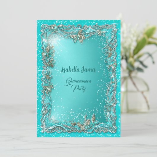 シックなクラシーな高級ターコイズシルバー15th誕生日 招待状 (スタンド正面)