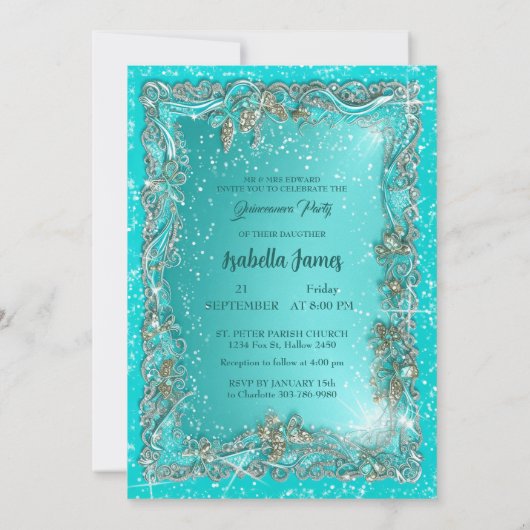 シックなクラシーな高級ターコイズシルバー15th誕生日 招待状 (裏面)