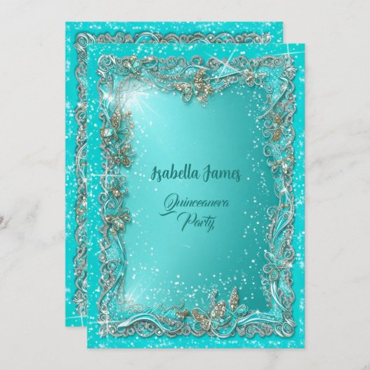 シックなクラシーな高級ターコイズシルバー15th誕生日 招待状 (正面/裏面)
