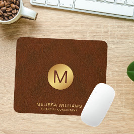 シックなクラッシーフェイクブラウンレザー&金ゴールドイニシャル マウスパッド