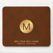 シックなクラッシーフェイクブラウンレザー&金ゴールドイニシャル マウスパッド (正面)