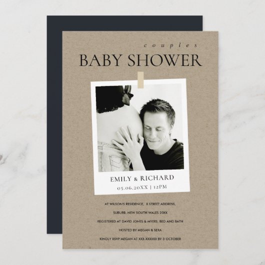 シックなクラフトカスタムフォトカップル赤ちゃんシャワー招待状 サンキューカード (正面/裏面)