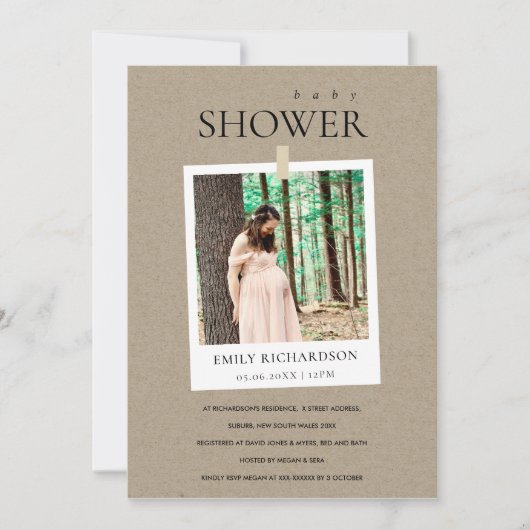 シックなクラフトミニマルカスタムフォトベビーシャワー招待状 サンキューカード (正面)