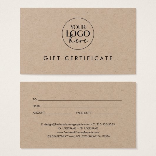 シックなクラフト紙ビジネスロゴギフト証明書 (正面&裏面)