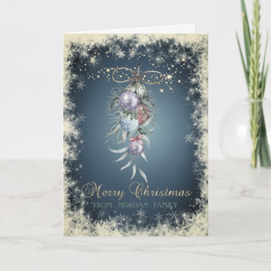 シックなクリスマスウォーターカラーボール、雪片 シーズンカード (正面)