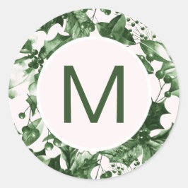シックなクリスマスグリーンホリープリントモノグラム ラウンドシール