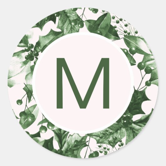 シックなクリスマスグリーンホリープリントモノグラム ラウンドシール (正面)