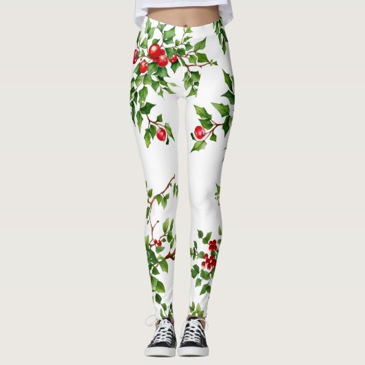 シックなクリスマスグリーンレッドヤドリギ植物水彩 レギンス (正面)