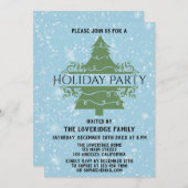 シックなクリスマスツリーホリデーパーティスノーフレークスブルー 招待状 (正面/裏面)