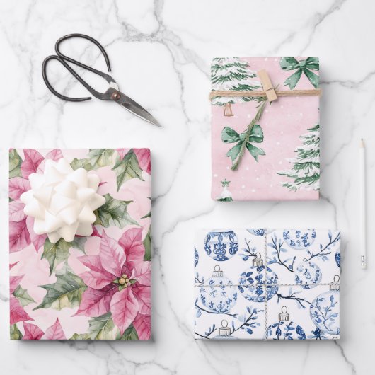 シックなクリスマスピンクポインセチアフローラ ラッピングペーパーシート (正面)