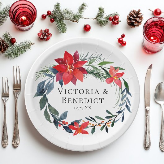 シックなクリスマスポインセチアフローラ結婚リース ペーパープレート
