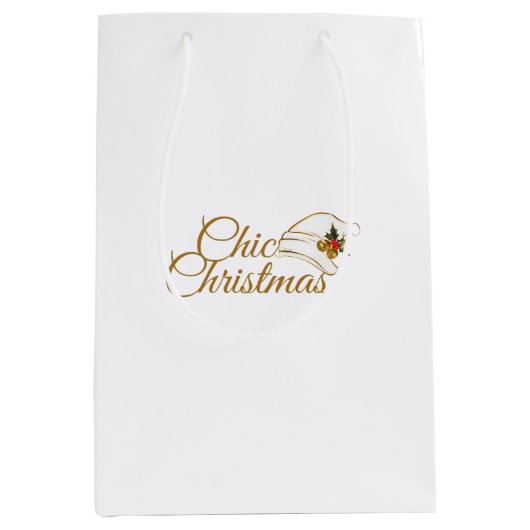 シックなクリスマス：ミニマリストSanta Hat & Holly Desig ミディアムペーパーバッグ (正面)