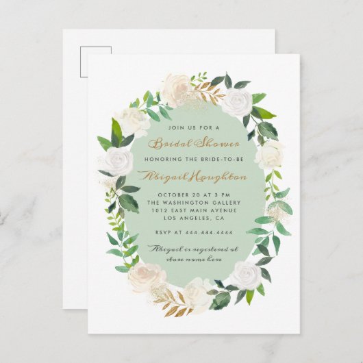 シックなクリーム色の水彩画の花のリースのブライダルシャワー インビテーションポストカード (正面/裏面)