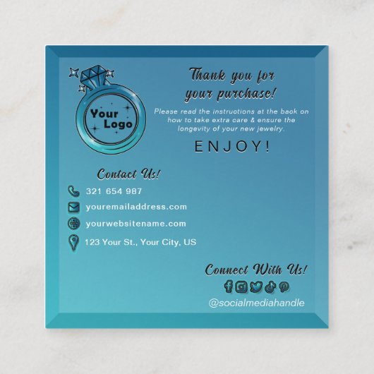 シックなグラデーションティール(緑がかった色)ブルージュエリーの気に指示 エンクロージャーカード (裏面)