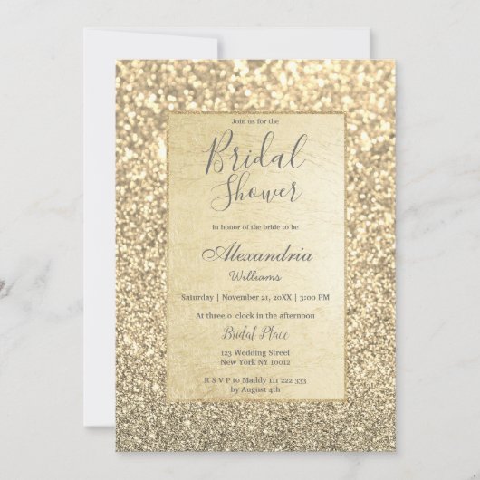 シックなグラマラスなトレンディー金ゴールドグリッターブライダルシャワー 招待状 (正面)