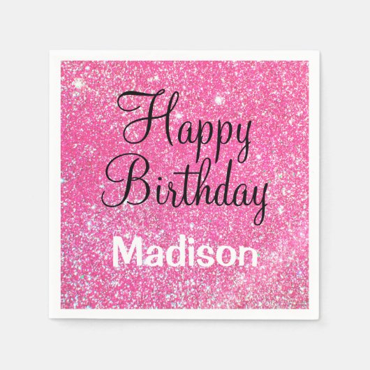 シックなグラムハッピーバースデーホットピンクグリッタースパークル スタンダードカクテルナプキン (正面)