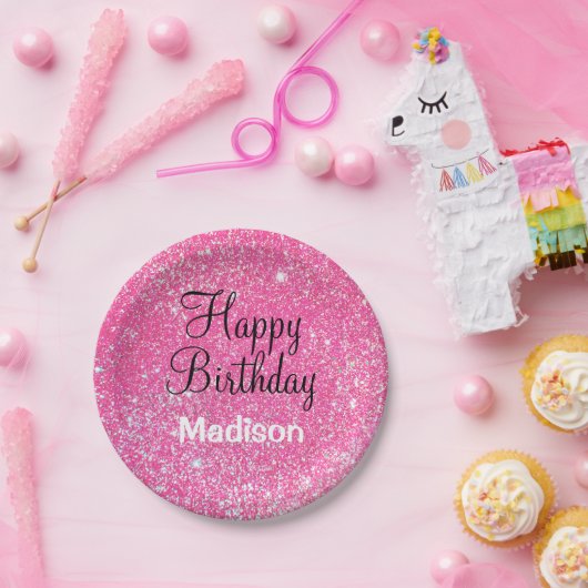 シックなグラムハッピーバースデーホットピンクグリッタースパークル ペーパープレート (パーティー)