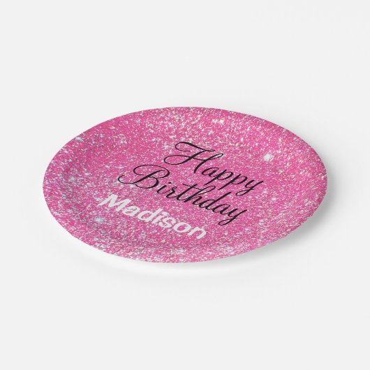 シックなグラムハッピーバースデーホットピンクグリッタースパークル ペーパープレート (アングル)