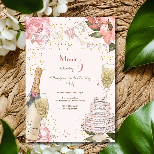 シックなグラムパステルのスケッチ誕生日パーティー 招待状