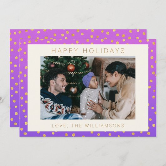 シックなグラムパープル金ゴールド水玉模様パーソナライズされた写真 シーズンカード (正面/裏面)