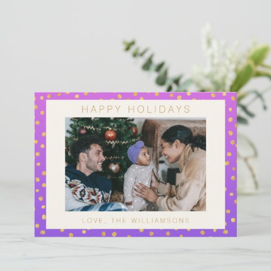 シックなグラムパープル金ゴールド水玉模様パーソナライズされた写真 シーズンカード (スタンド正面)