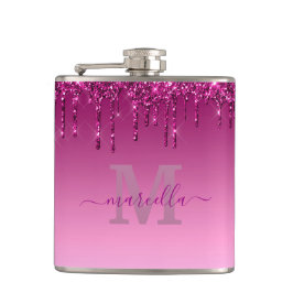 シックなグラムピンクグリッタードリップデザインネームモノグラム フラスク