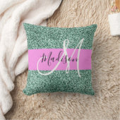シックなグラムピンクグリーングリッタースパークルネームモノグラム クッション (ブランケット)