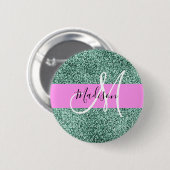 シックなグラムピンクグリーングリッタースパークルネームモノグラム 缶バッジ (正面&裏面)