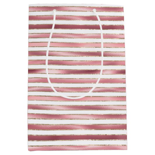 シックなグラムピンクホワイトストライプズ ミディアムペーパーバッグ (正面)