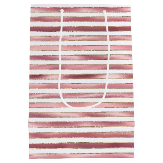 シックなグラムピンクホワイトストライプズ ミディアムペーパーバッグ (裏面)