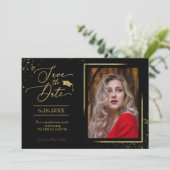 シックなグラードパーティー日付の保存金ゴールドグリッター写真 招待状 (スタンド正面)