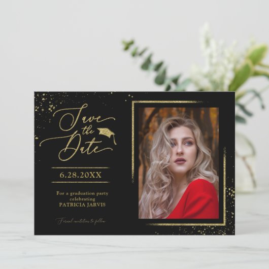 シックなグラードパーティー日付の保存金ゴールドグリッター写真 招待状 (スタンド正面)