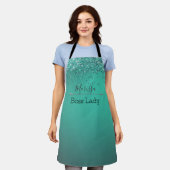 シックなグリッタリーターコイズパーソナライズされたボスレディ エプロン (着用した状態)