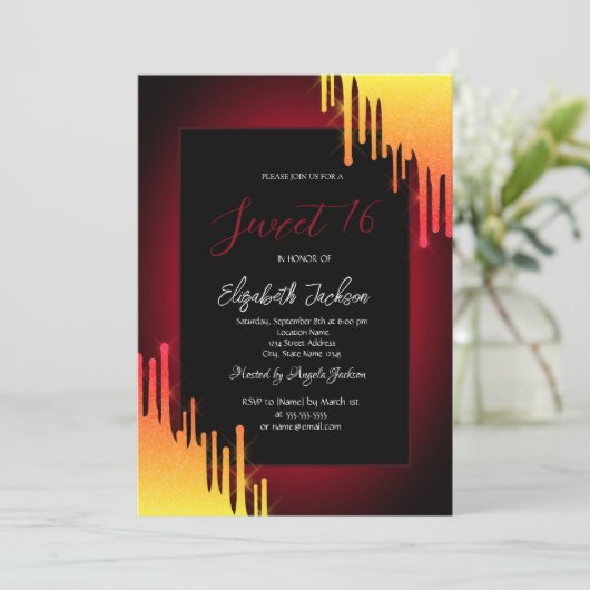シックなグリッターイエロードリップス、赤 招待状 (スタンド正面)