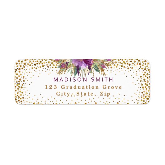 シックなグリッターウォーターカラーフラワーズ金ゴールド紙吹雪 ラベル (正面)