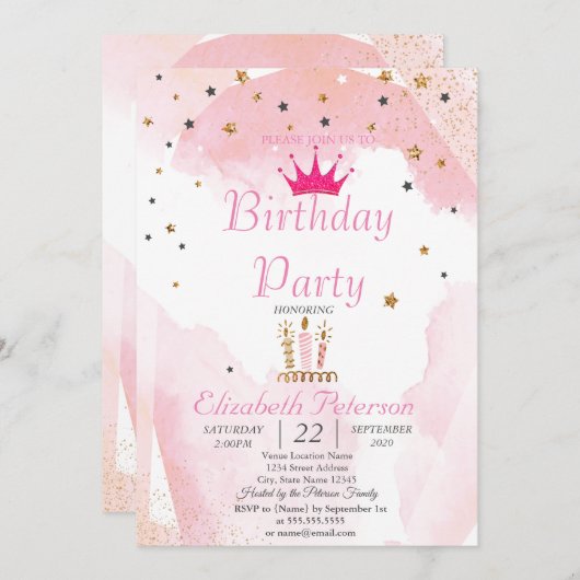 シックなグリッターティアラ、キャンドル、スターズバースデーパーティー 招待状 (正面/裏面)