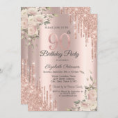 シックなグリッタードリップスフラワーズバラ金ゴールド90th誕生日 招待状 (正面/裏面)