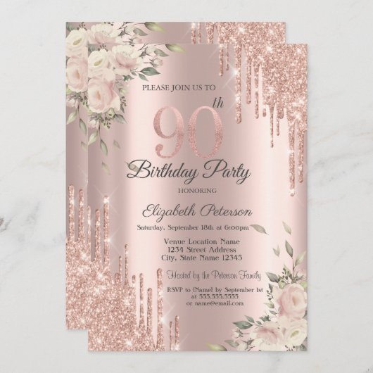 シックなグリッタードリップスフラワーズバラ金ゴールド90th誕生日 招待状 (正面/裏面)