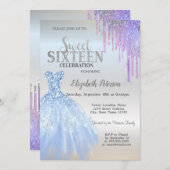 シックなグリッタードリップスブルードレスシルバースウィート16 招待状 (正面/裏面)