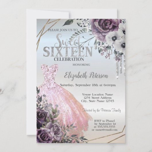 シックなグリッタードリップス、ドレスフラワースウィート16 招待状 (正面)